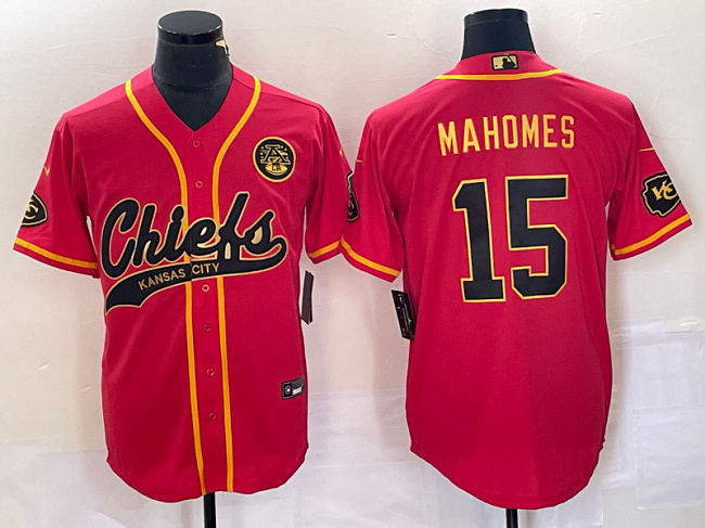 Men's Kansas City Chiefs #15 Patrick Mahomes Red Gold Cool Base Stitched Baseball Jersey